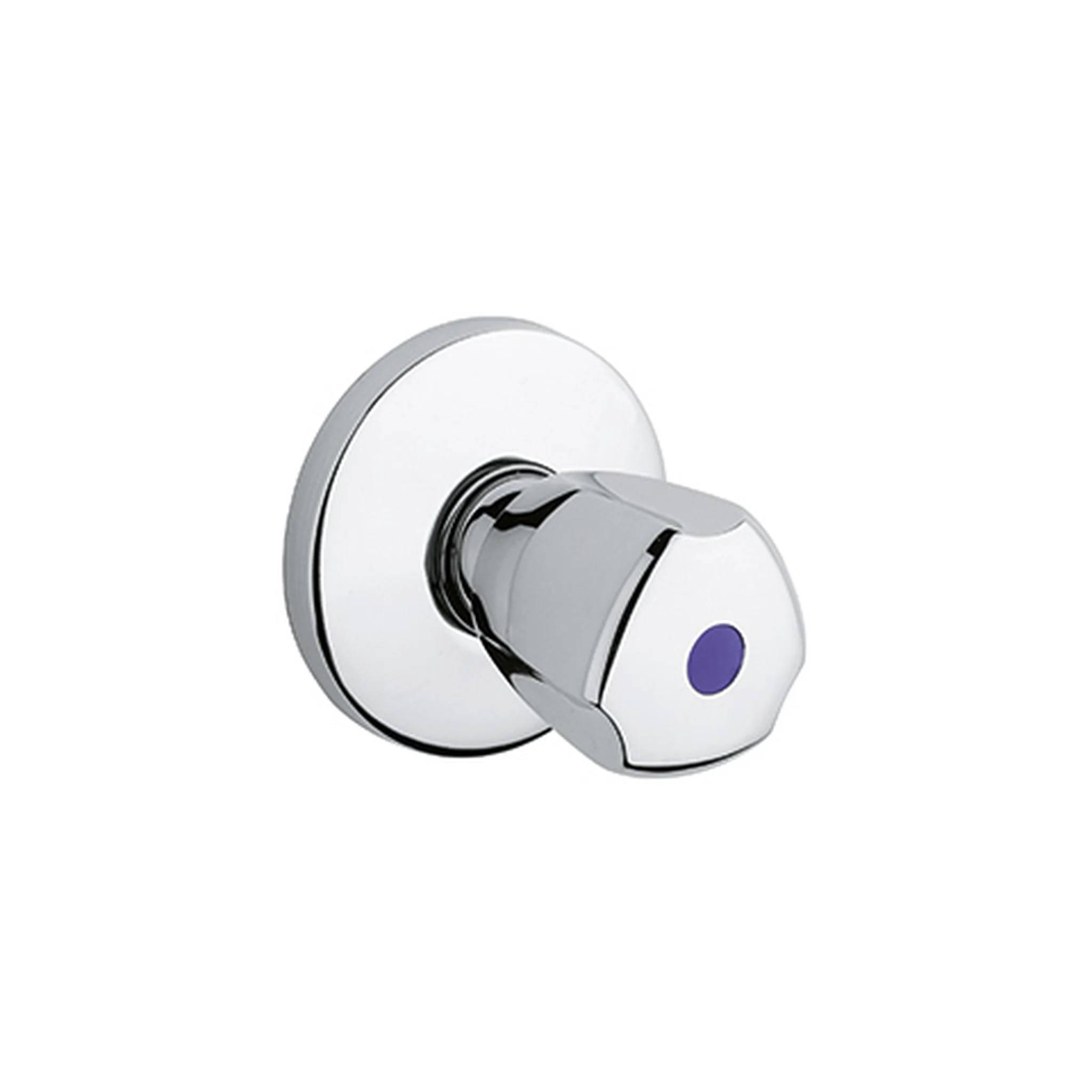 Chromegriff mit Wandmontage und violettem Punkt, dargestellt vor einem einfachen weißen Hintergrund.