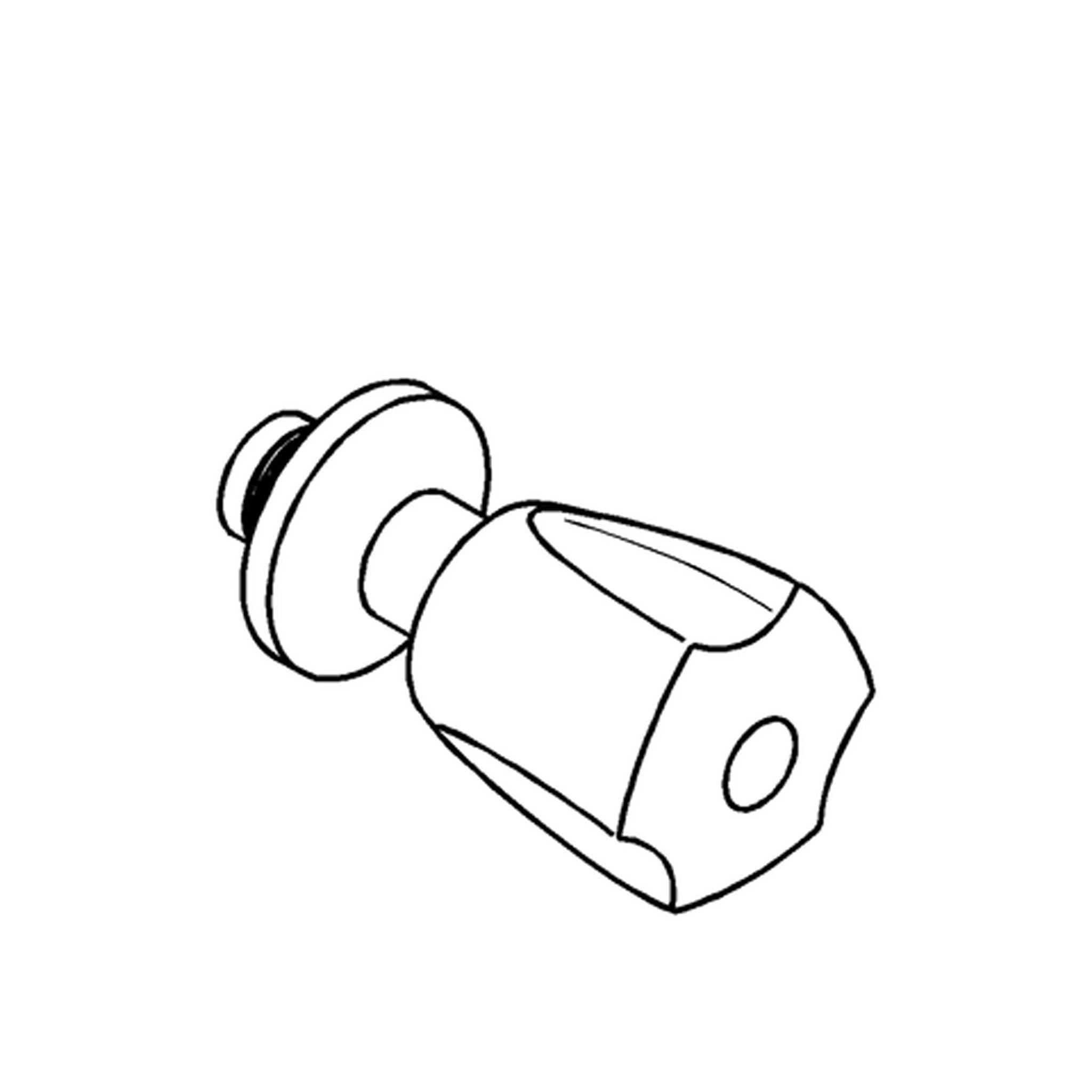Strichzeichnung einer mechanischen Befestigung oder eines Bolzens mit rundem Flansch und sechskantigem Endstück, dargestellt in perspektivischer Ansicht vor leerem Hintergrund.