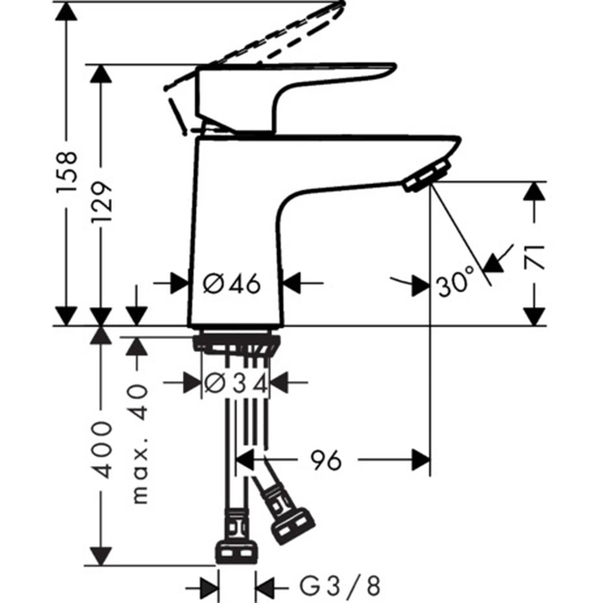 Technische Zeichnung eines Einhebelwasserhahns mit Bemaßungsbeschriftungen, die Gesamthöhe, Auslaufweite, Befestigungslochurchmesser, 30°-Winkel und G3/8-Anschluss zeigen.