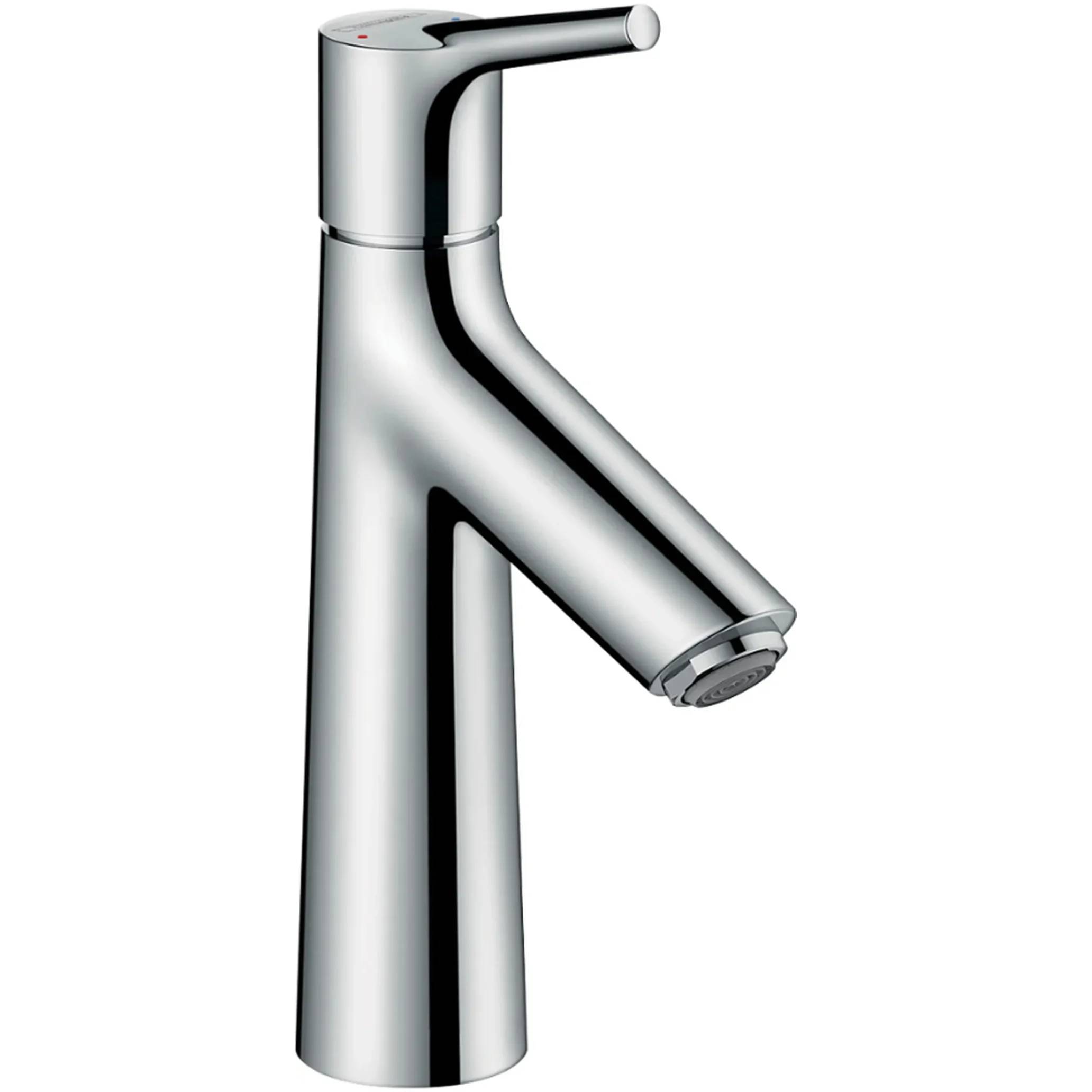 Moderner Chrom-Einhebel-Badezimmerhahn mit hohem zylindrischem Fuß und abgewinkeltem Auslauf auf weißem Hintergrund.