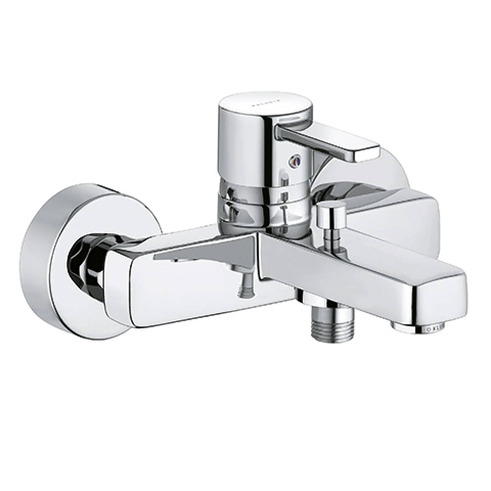 Wandmontierter Chrom-Badewannenhahn mit Einhebelmischbatterie und Umschalter, shown on a white background.