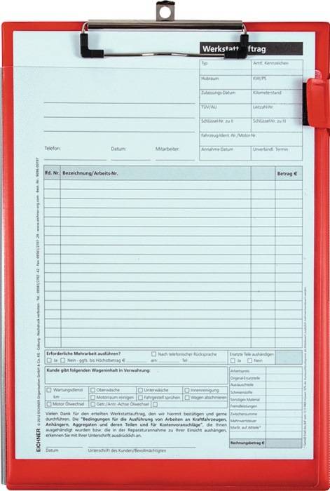 Klemmbrett mit einem deutschen Arbeitsauftragsformular mit dem Titel 