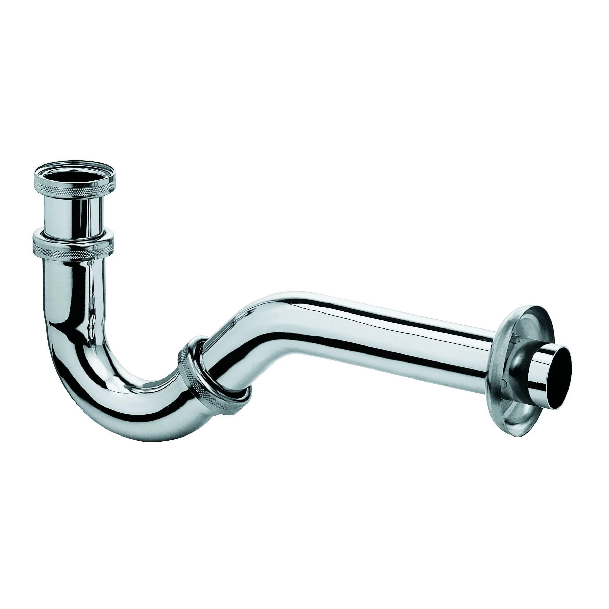 Chrome-Siphonrohr mit gekrümmtem Rohrbogen und Flansch-Ablaufverbindung auf weißem Hintergrund.