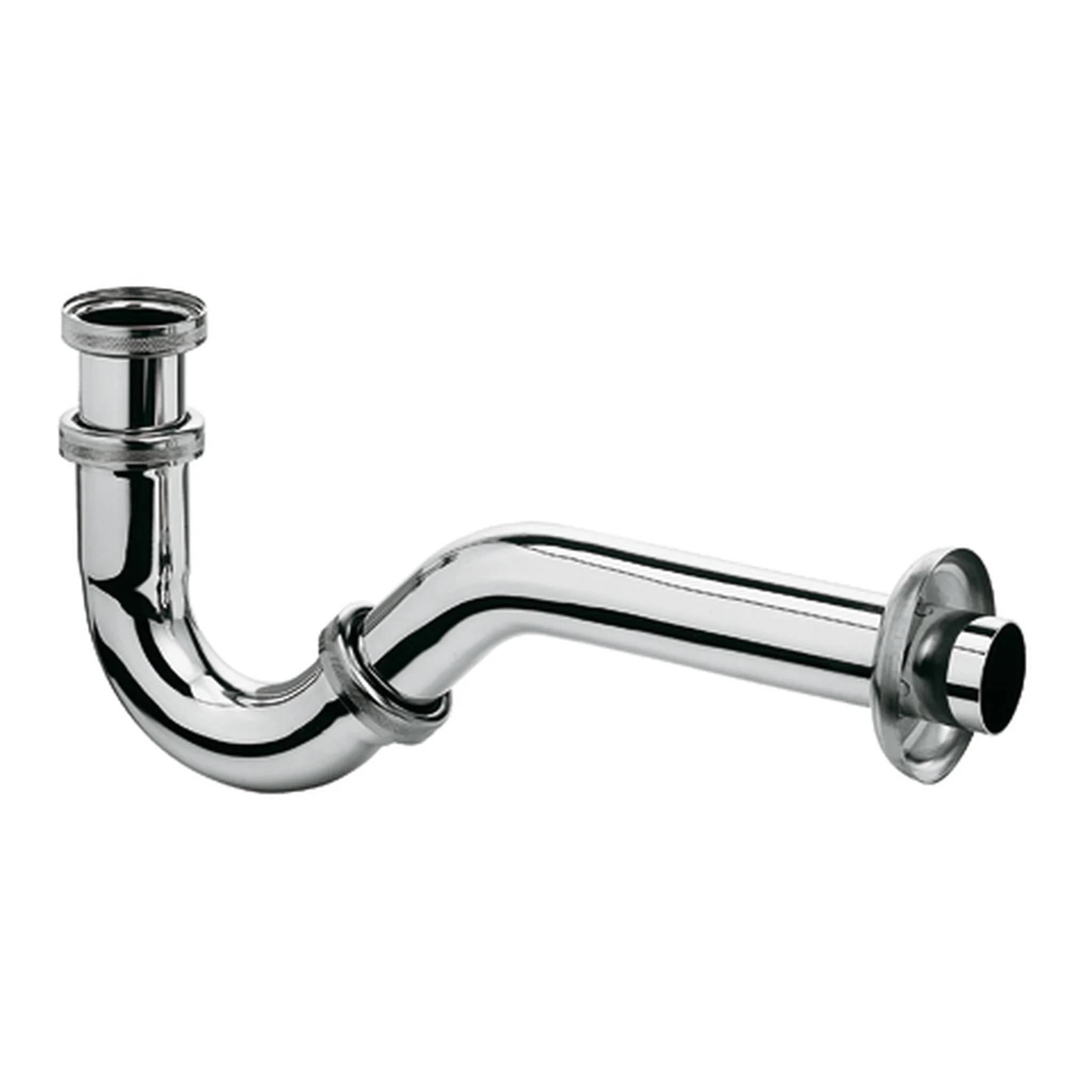 Chrom-P-Siphon-Rohre mit gebogenem Ablaufbogen und Gewindeverbindungen auf weißem Hintergrund.