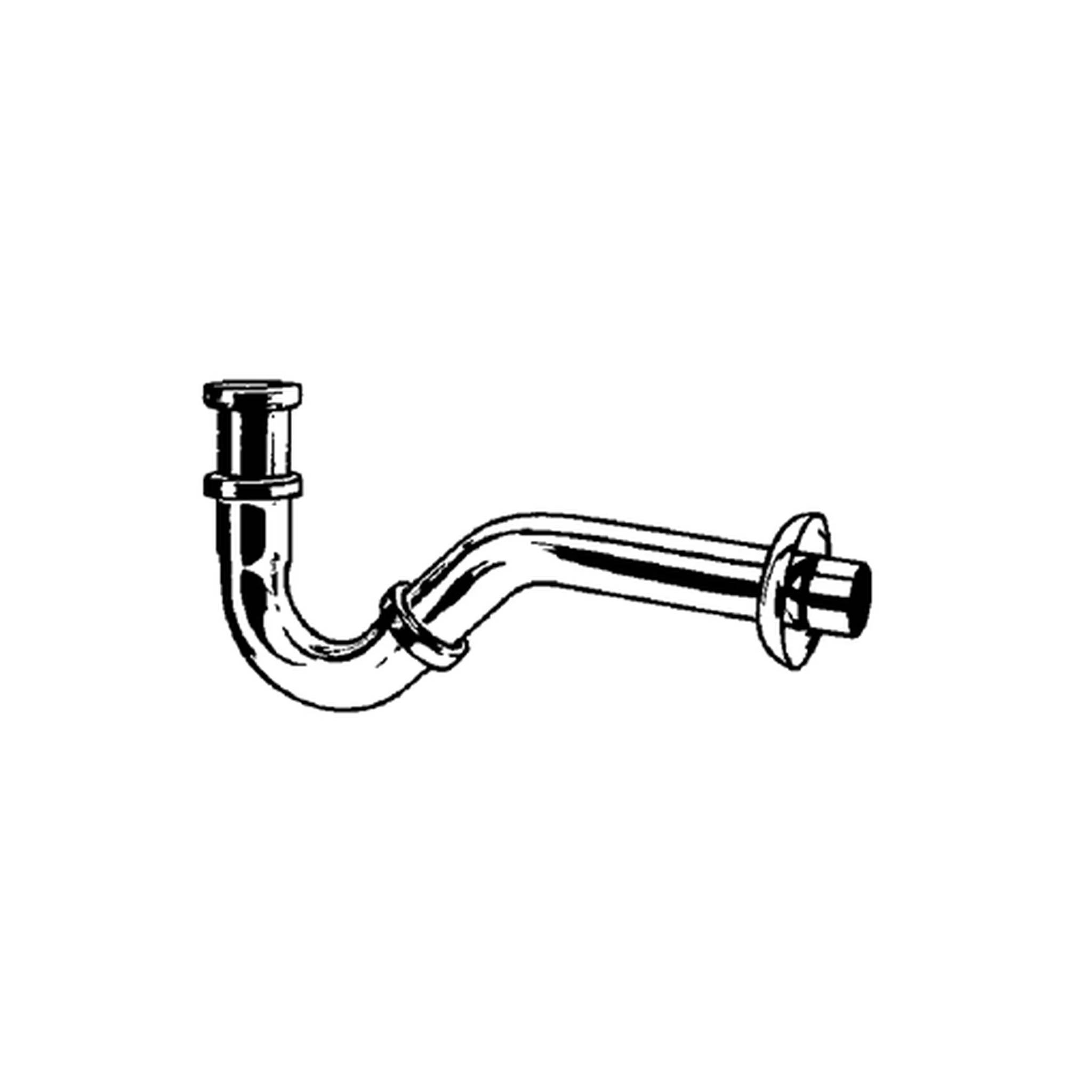 Schwarzweiße Illustration eines gekrümmten Ableitrohrs oder Siphons mit Flanschen an den Enden, isoliert auf weißem Hintergrund.