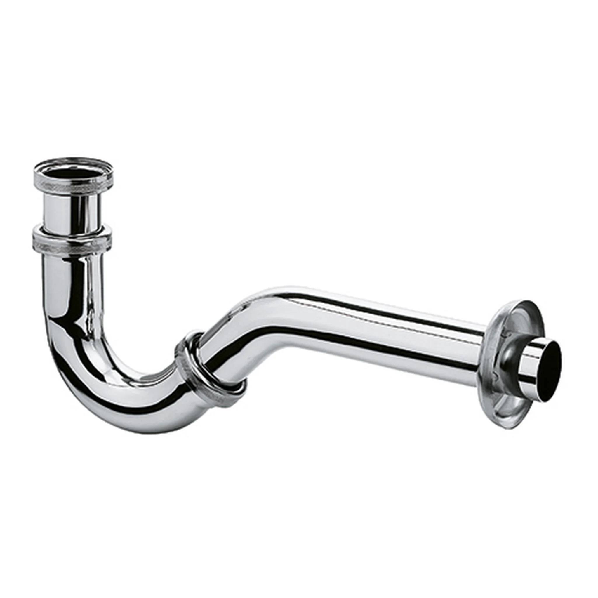 Verchromtes gebogenes Spülenablaufrohr mit P-Siphon und Flanschverbinder auf weißem Hintergrund.