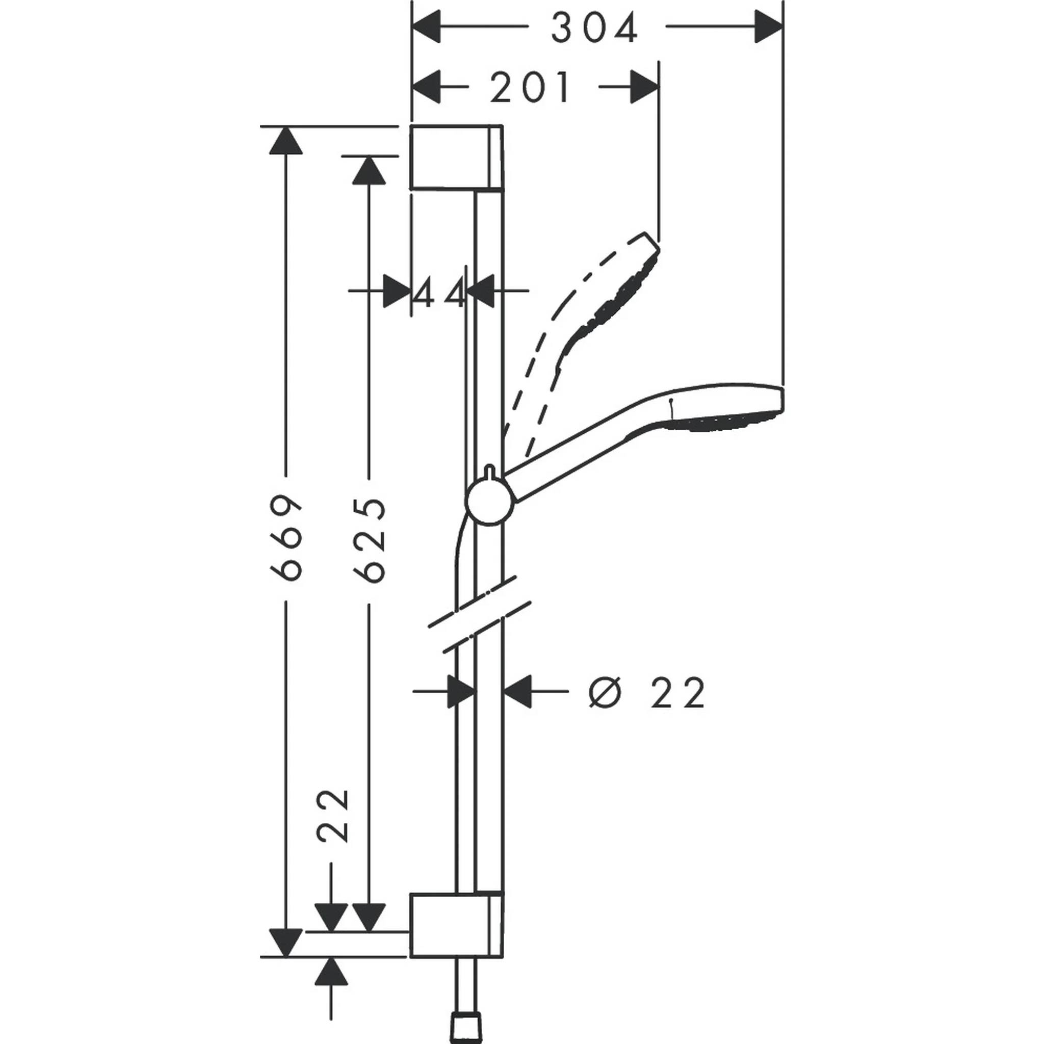 Technische Zeichnung einer verstellbaren Armbefestigung mit Abmessungen: 669 mm Gesamthöhe, 625 mm Innenhöhe, 304 mm obere Breite, 201 mm Armlänge, 44 mm Versatz und 22 mm Rohrdurchmesser.
