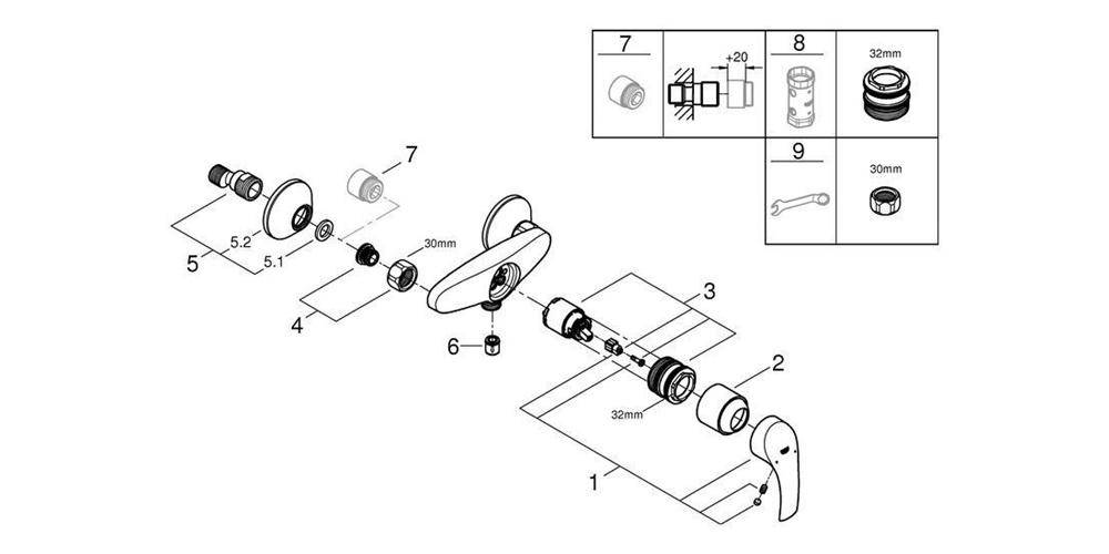 Explosionszeichnung eines mechanischen Griffs/Knaufs mit nummerierten Teilen 1-9 und einer Einfügung, die die erforderlichen Hardwaregrößen und Befestigungselemente zeigt.