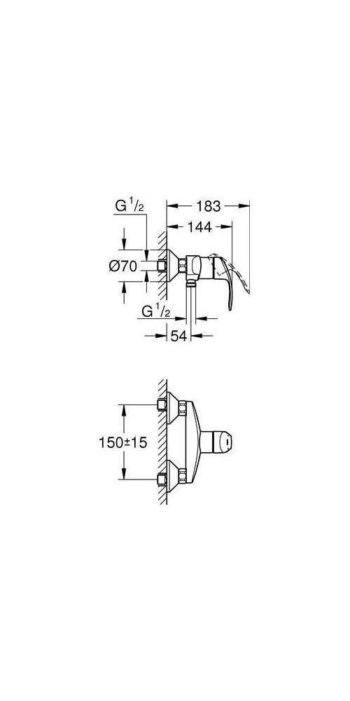 Technische Maßzeichnung einer wandmontierten Armatur mit Seiten- und Vorderansicht, mit gekennzeichneten Abmessungen einschließlich G 1/2, Ø70, 183, 144, 54 und 150±15.