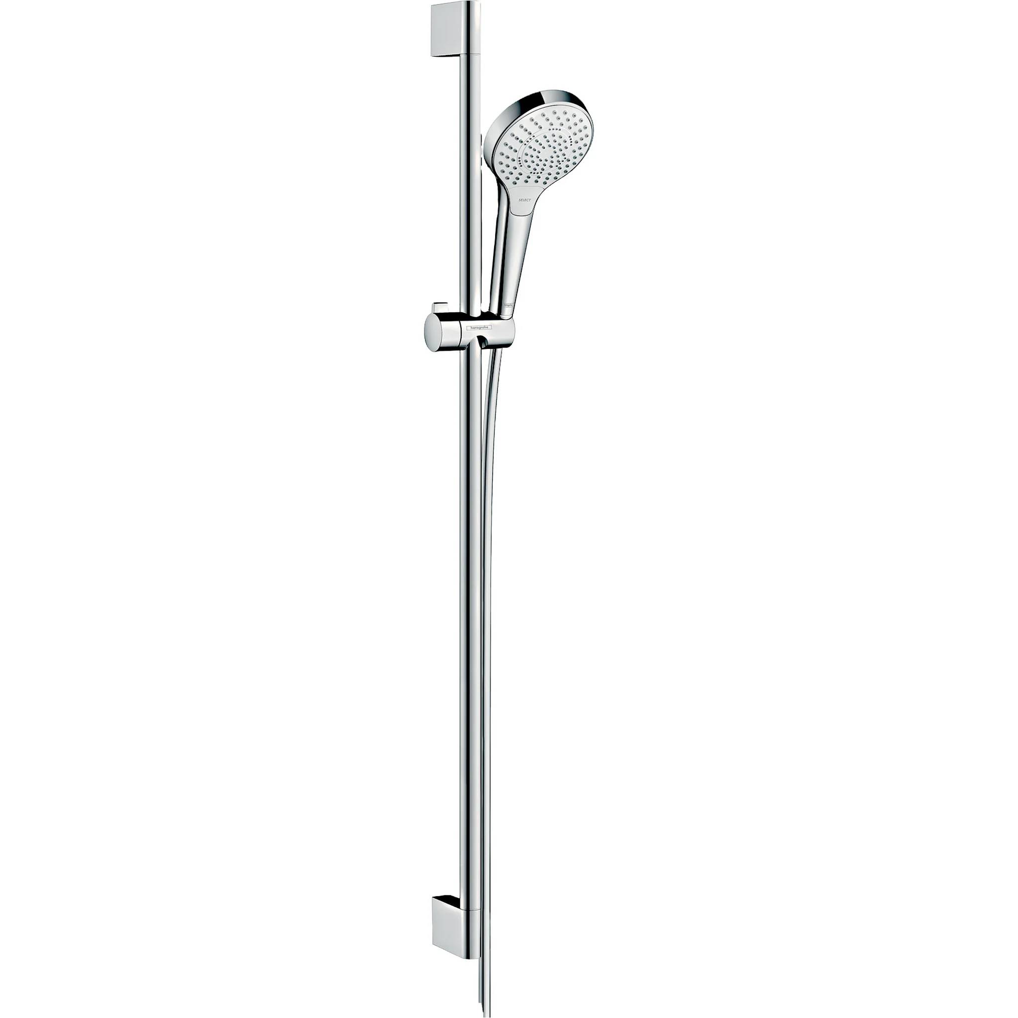 Chrom-Handbrausekopf mit vertikaler Schiene und verstellbarem Halter auf weißem Hintergrund