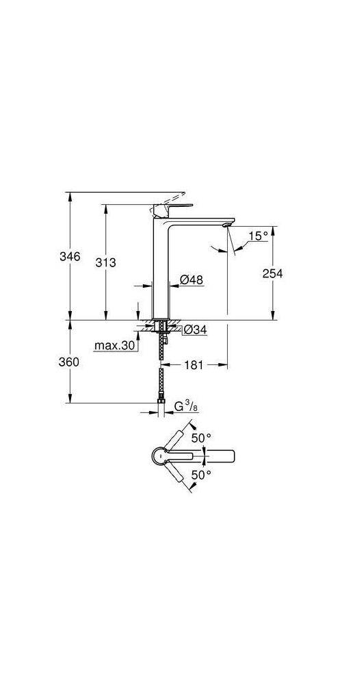Technisches Wasserhahnmaßstab-Diagramm mit Seiten- und Draufsichten mit Abmessungen: 346, 313, 360, 254, 181, Ø48, Ø34, max.30, G3/8, und 15°/50° Winkel.