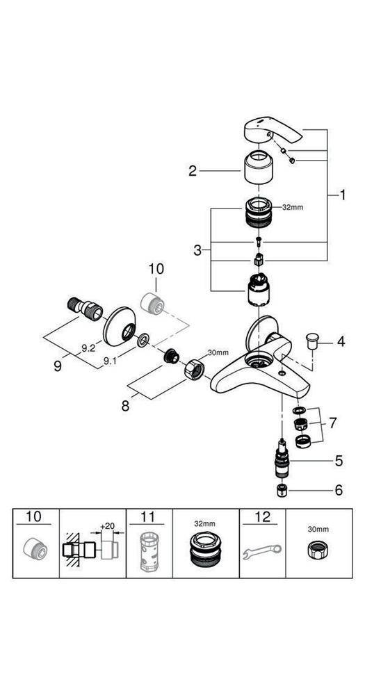 GROHE Einhand-Wannenbatterie EUROSMART DN 15 Wd-Mont chr