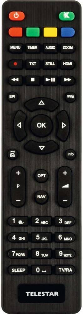 Eine Fernbedienung mit Navigationstasten, einschließlich 'OK', 'Beenden' und 'Info', umgeben von Richtungspfeilen, mit Lautstärke- und Kanalsteuerungen.