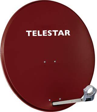 Maroon-farbene Telestar-Satellitenschüssel mit Montierungsarm und Empfängerfeeder, frontal vor weißem Hintergrund dargestellt.