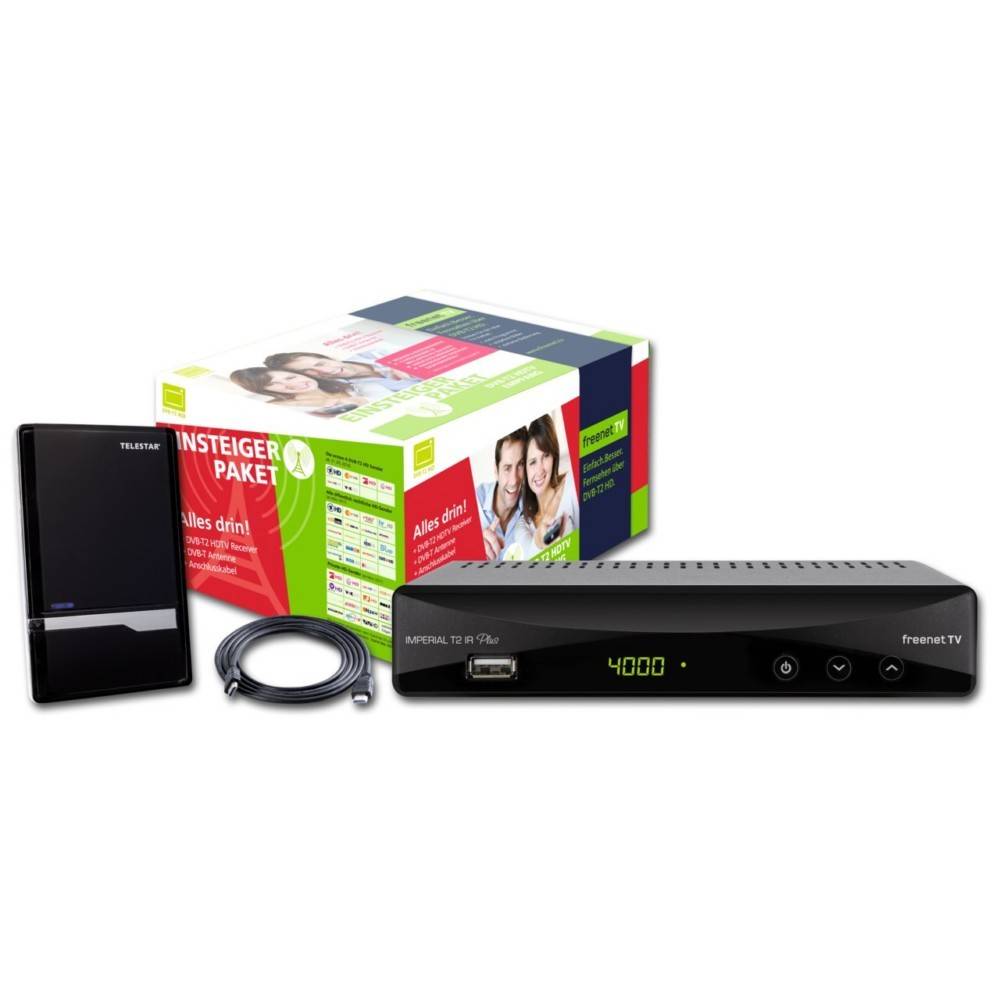 Das Bild zeigt ein TV-Starterpaket, das einen digitalen Receiver, eine Antenne und ein Koaxialkabel enthält. Die Verpackung trägt Markenbeschriftung und Produktdetails.