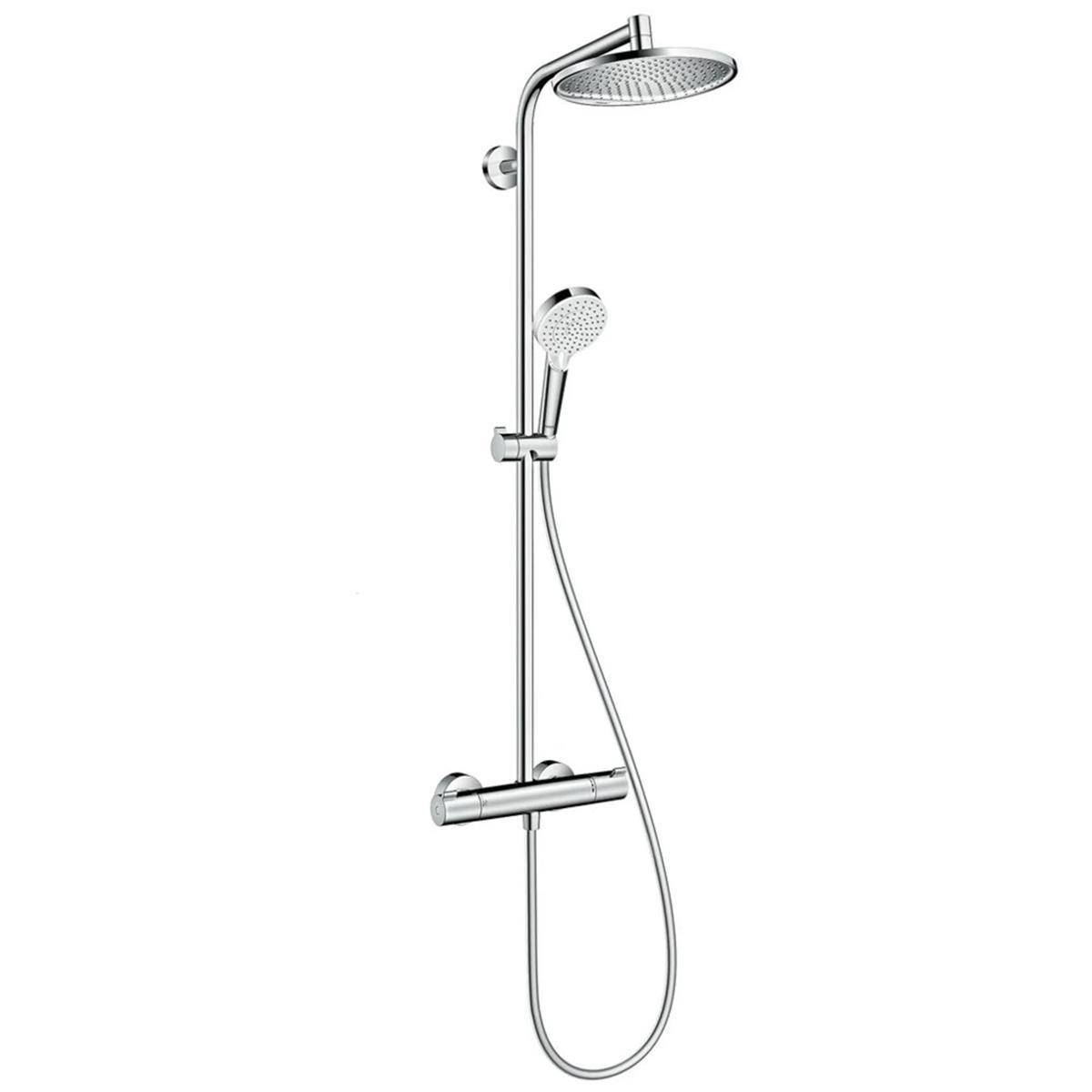 Chromduschsystem mit Kopfbrause, Handbrause, Brausestange und thermostatischem Mischventil auf weißem Hintergrund.