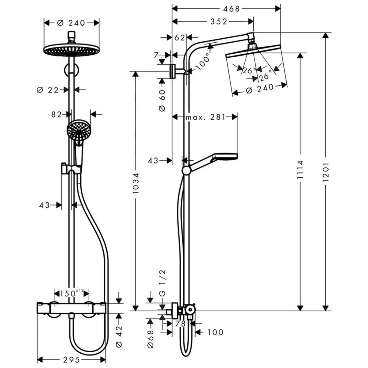 Technisches Duschsystem-Diagramm mit Duschkopf, Steigerohr, Handbrause und Arm mit beschrifteten Abmessungen in Millimetern.