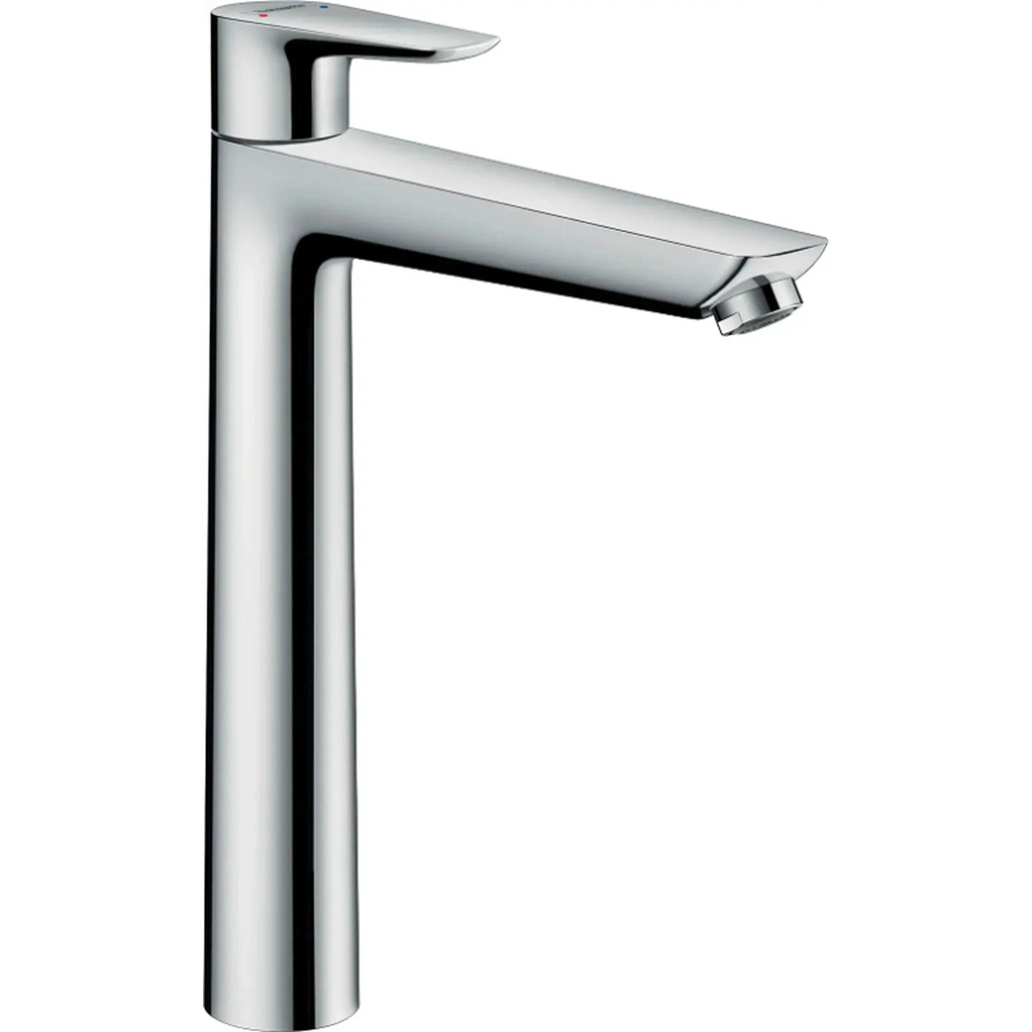 Einhebel-Badezimmerwasserhahn aus Chrom mit hoher zylindrischer Basis und flachem Auslauf, dargestellt auf weißem Hintergrund.