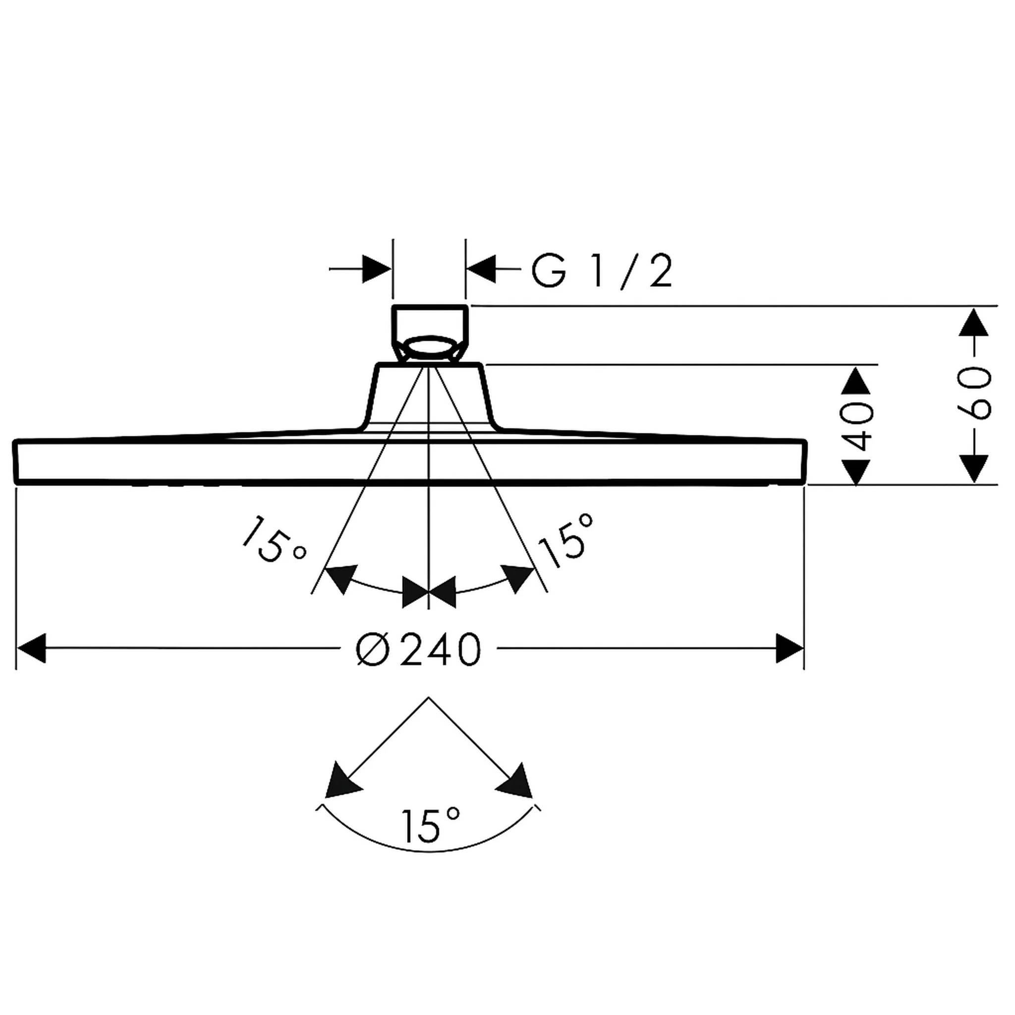 Technische Zeichnung eines runden Duschkopfes mit G 1/2 Anschluss, zeigt die Abmessungen Ø240, 40 und 60 mm sowie Sprühwinkel von 15°.