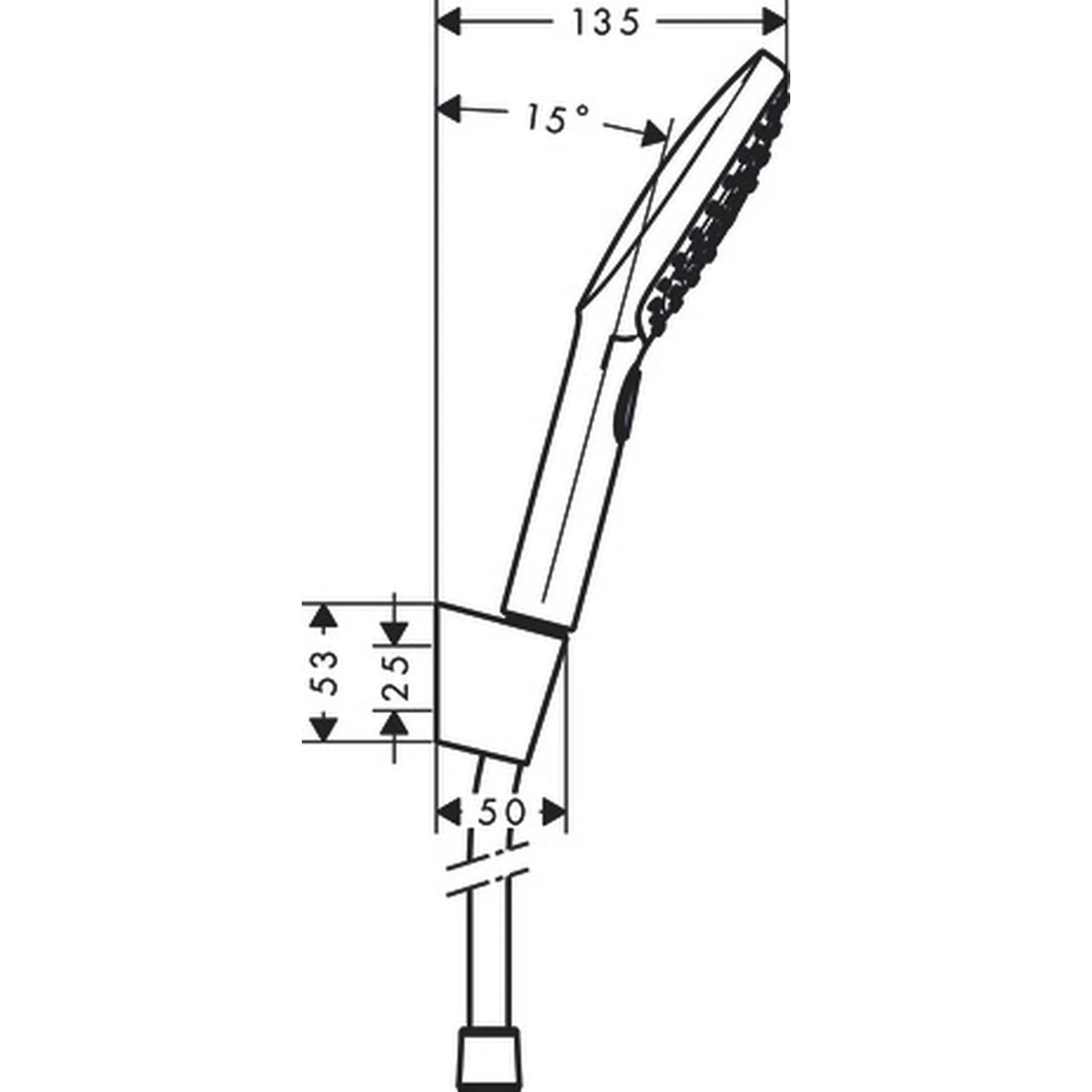 Technische Strichzeichnung eines tragbaren Duschkopfes mit Schlauch, die Abmessungen von 135, 15°, 53, 25 und 50 mm für Größen- und Winkelangaben zeigt.