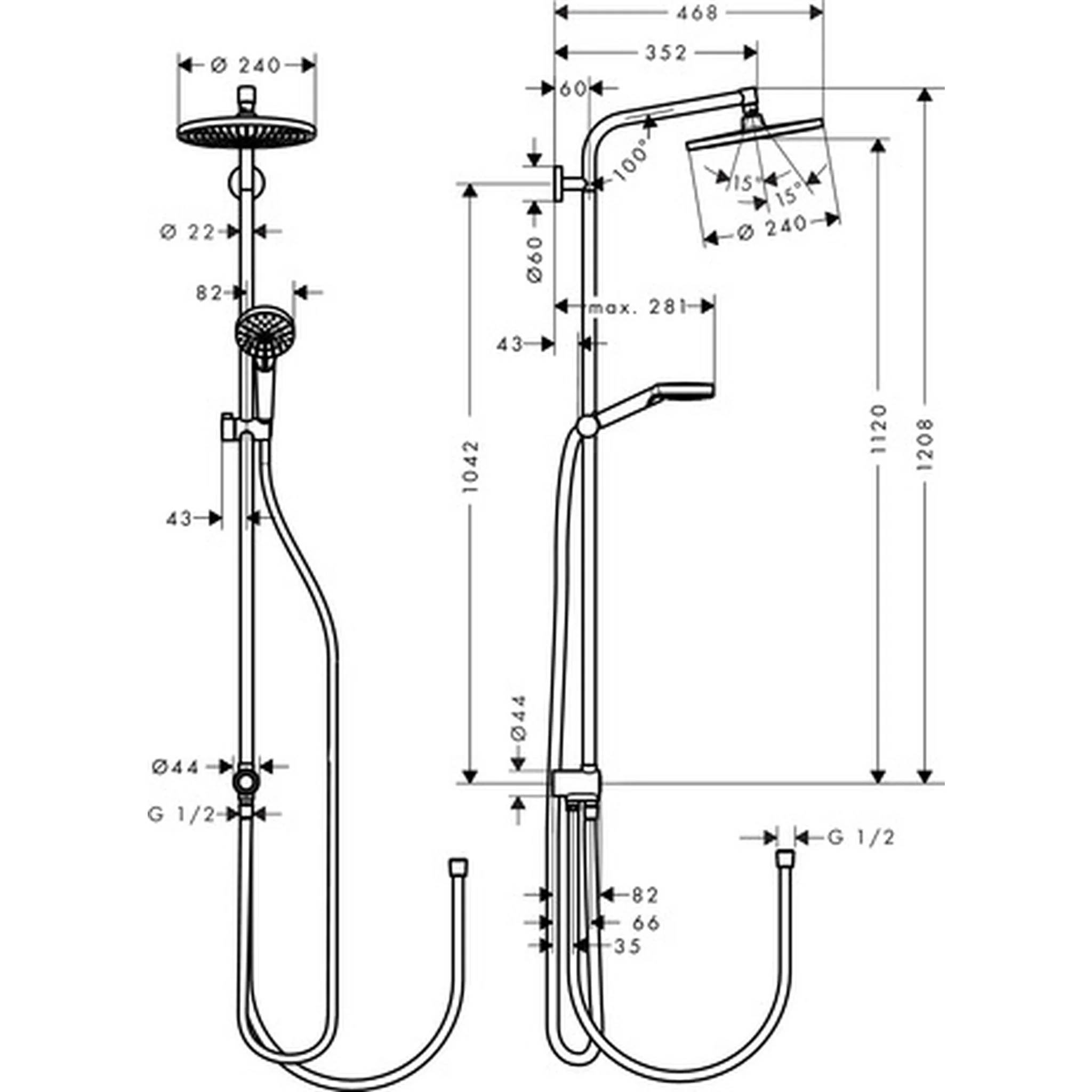 Technische Zeichnung eines Duschanlagensystems mit Kopfbrause, Handbrause und Mischer, mit Installationsabmessungen und G 1/2-Anschlüssen.