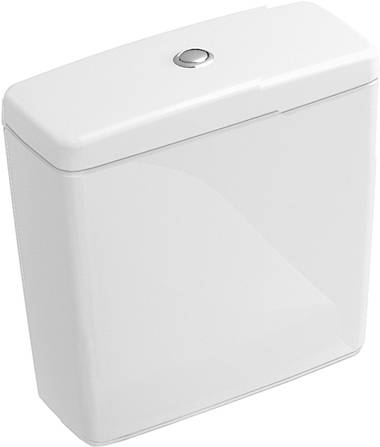 Weißer rechteckiger Toilettenspülkasten mit oben angebrachtem Druckknopf, freigestellt auf neutralem Hintergrund dargestellt.