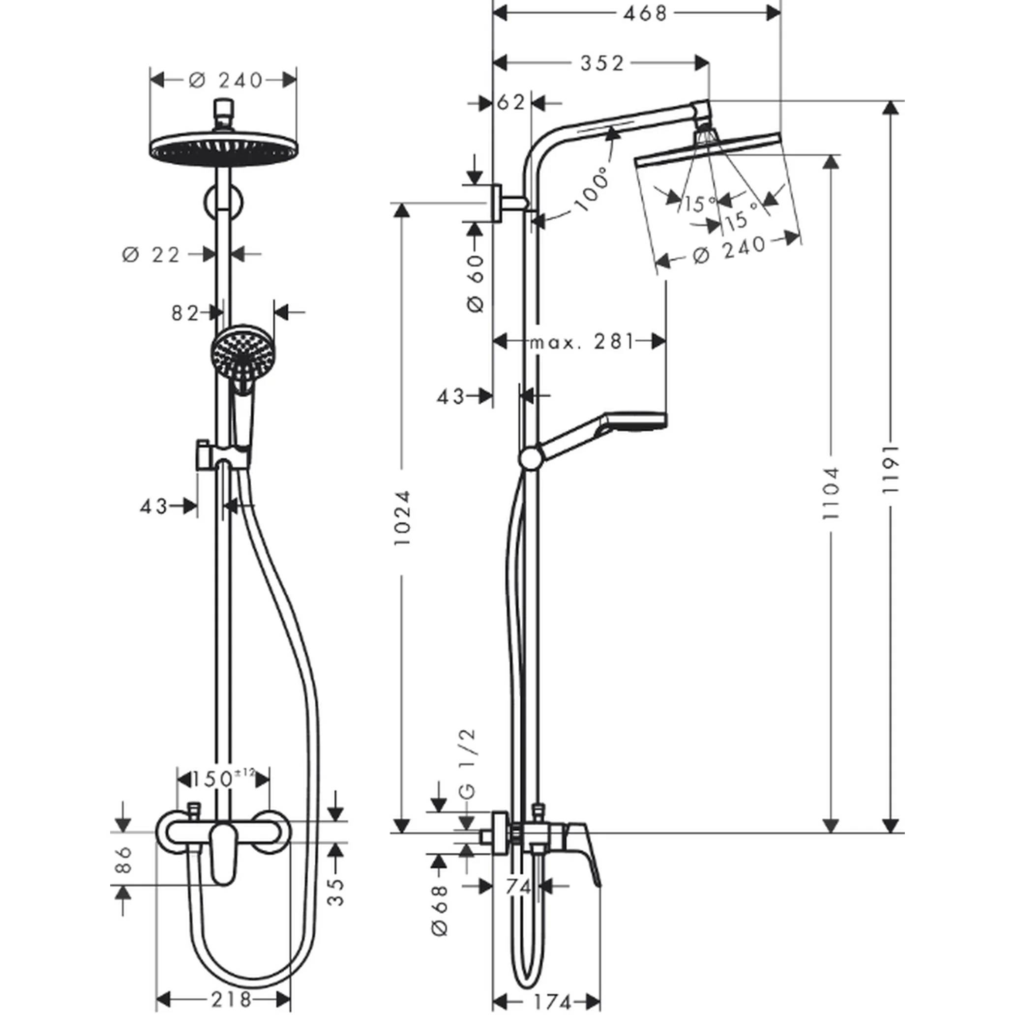 Technische Maßzeichnung eines Duschanlagensystems mit rundem Überkopf-Duschkopf, Handbrause, Schlauch und Wandmischer, mit Installations- und Reichweitenmessungen.