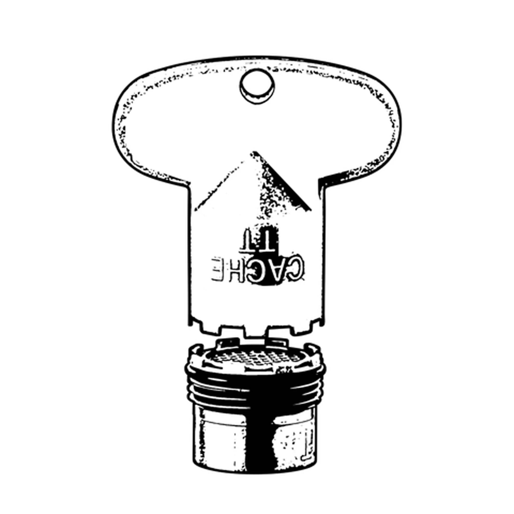 Schwarz-Weiß-Illustration eines Schlüssels, der in einen kleinen Schlosszylinder eingeführt ist, kopfüber dargestellt.