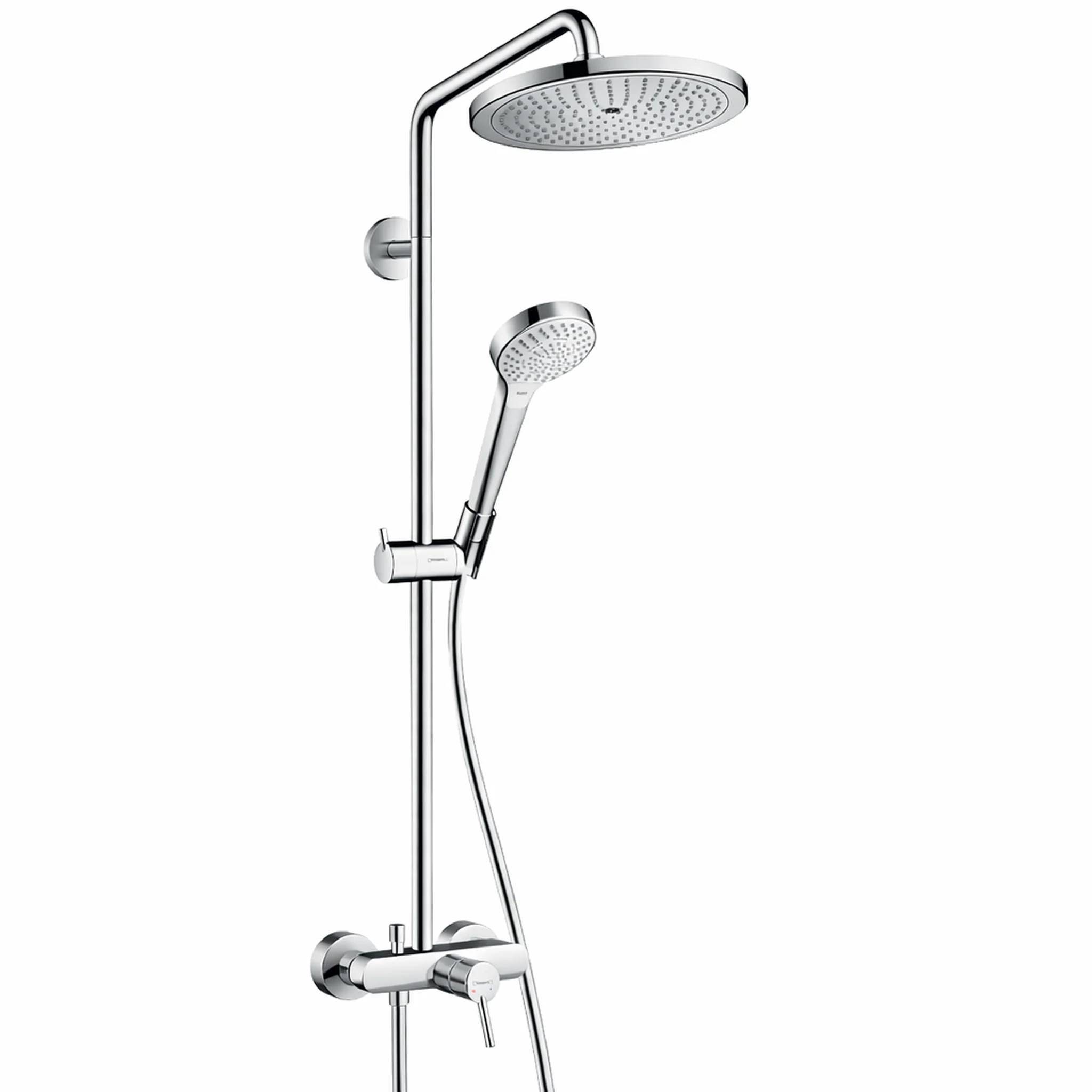 Chrome-Duschsystem mit großem Overhead-Regenduschkopf, tragbarem Duschhandstück und wandmontiertem Mischer auf weißem Hintergrund.