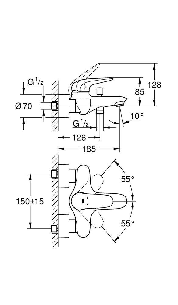 GROHE Einhand-Wannenbatterie EUROSTYLE 1/2Zoll chr chrom
