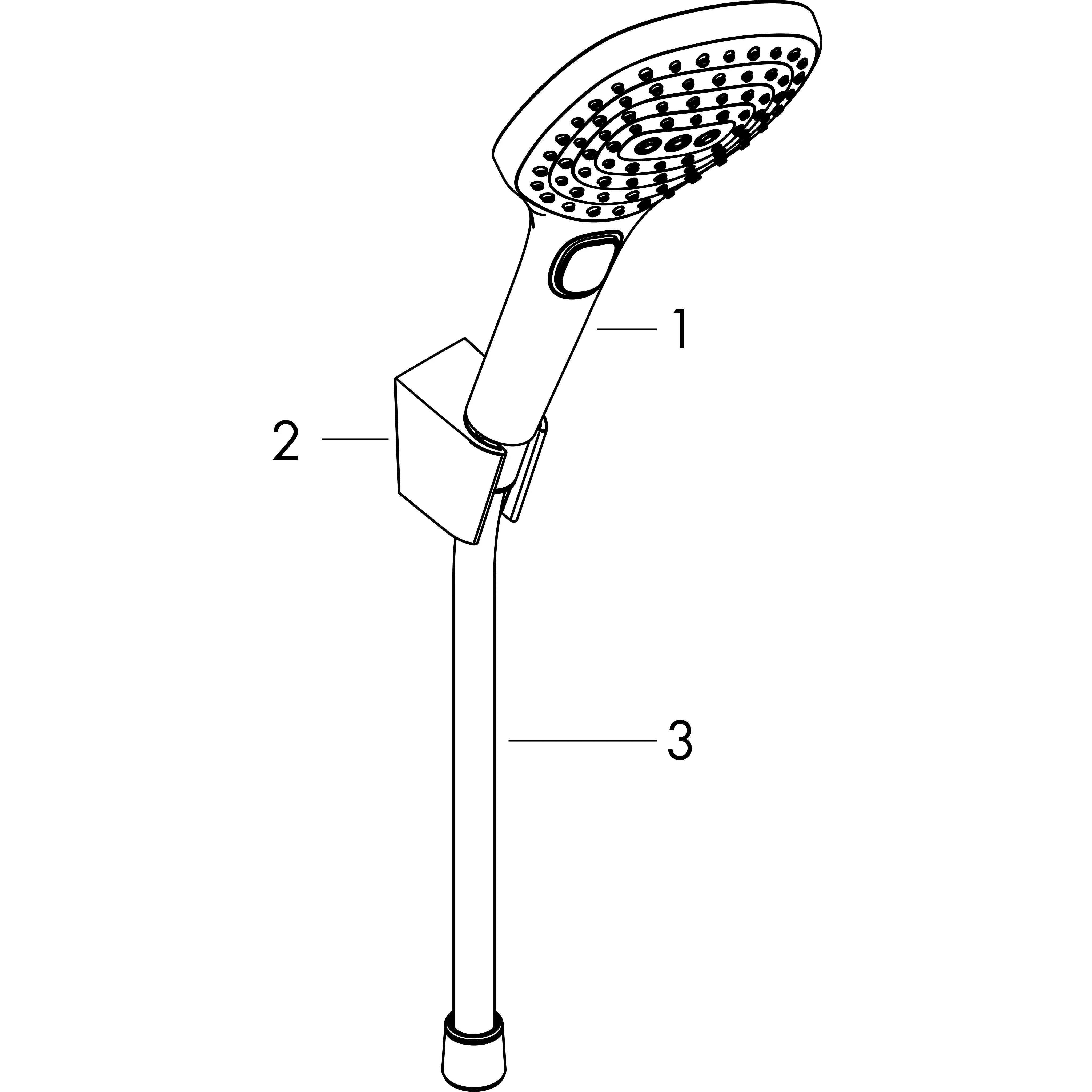 Strichzeichnung eines tragbaren Duschkopfs auf einem vertikalen Halter, mit Teilen beschriftet 1, 2 und 3.