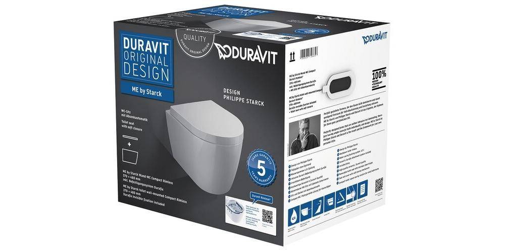 Duravit Wand-WC-Set ME by Starck COMPACT RIMLESS tief, 370x480mm weiß