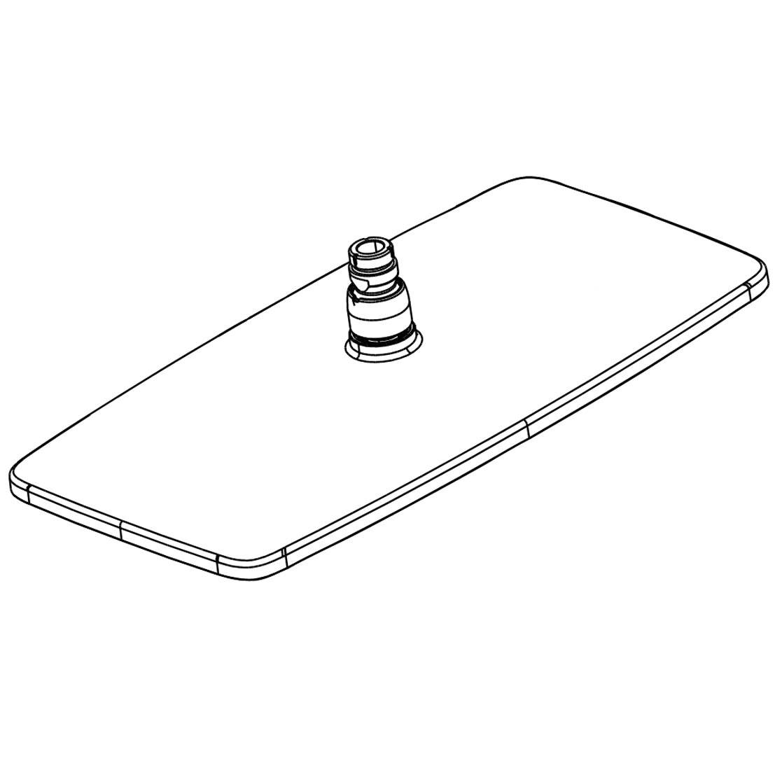 Linienzeichnung eines rechteckigen Gerätepanels mit einem einzelnen, zentriert angebrachten Stecker oder Ventil, das aus der Oberfläche hervorsteht.
