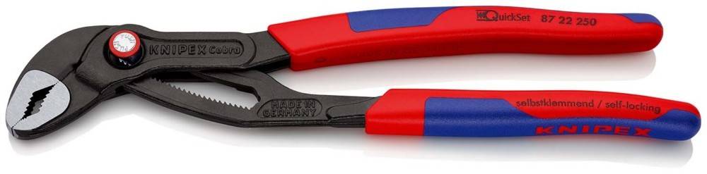 Nahaufnahme einer rot-schwarzen KNIPPEX Zangenschlüssel mit verstellbarem Backen und Griffgriffen, nebeneinander auf weißem Hintergrund dargestellt.