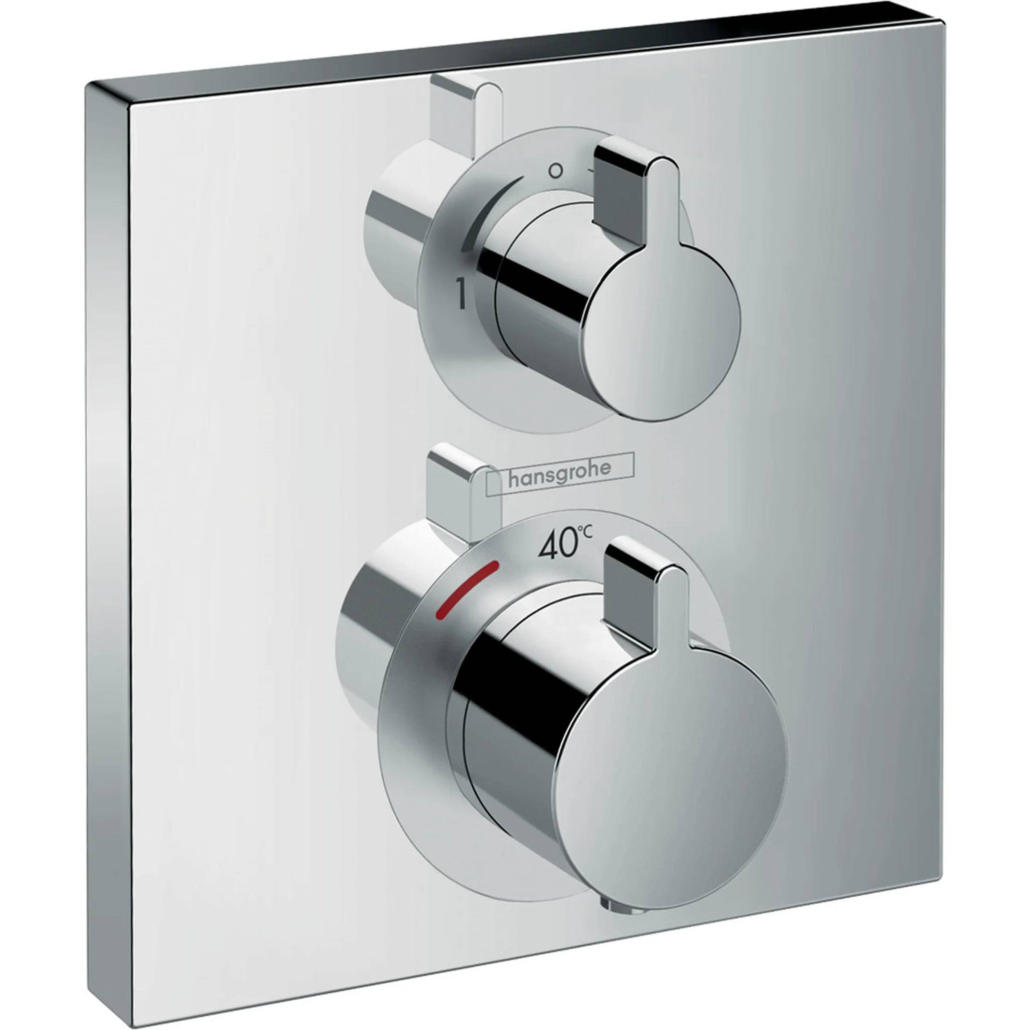 Chromegliedertes Duschkontrollpanel mit zwei runden Knöpfen, einschließlich eines Temperaturwahlrades mit Markierung 40°C und einem Hansgrohe-Logo.