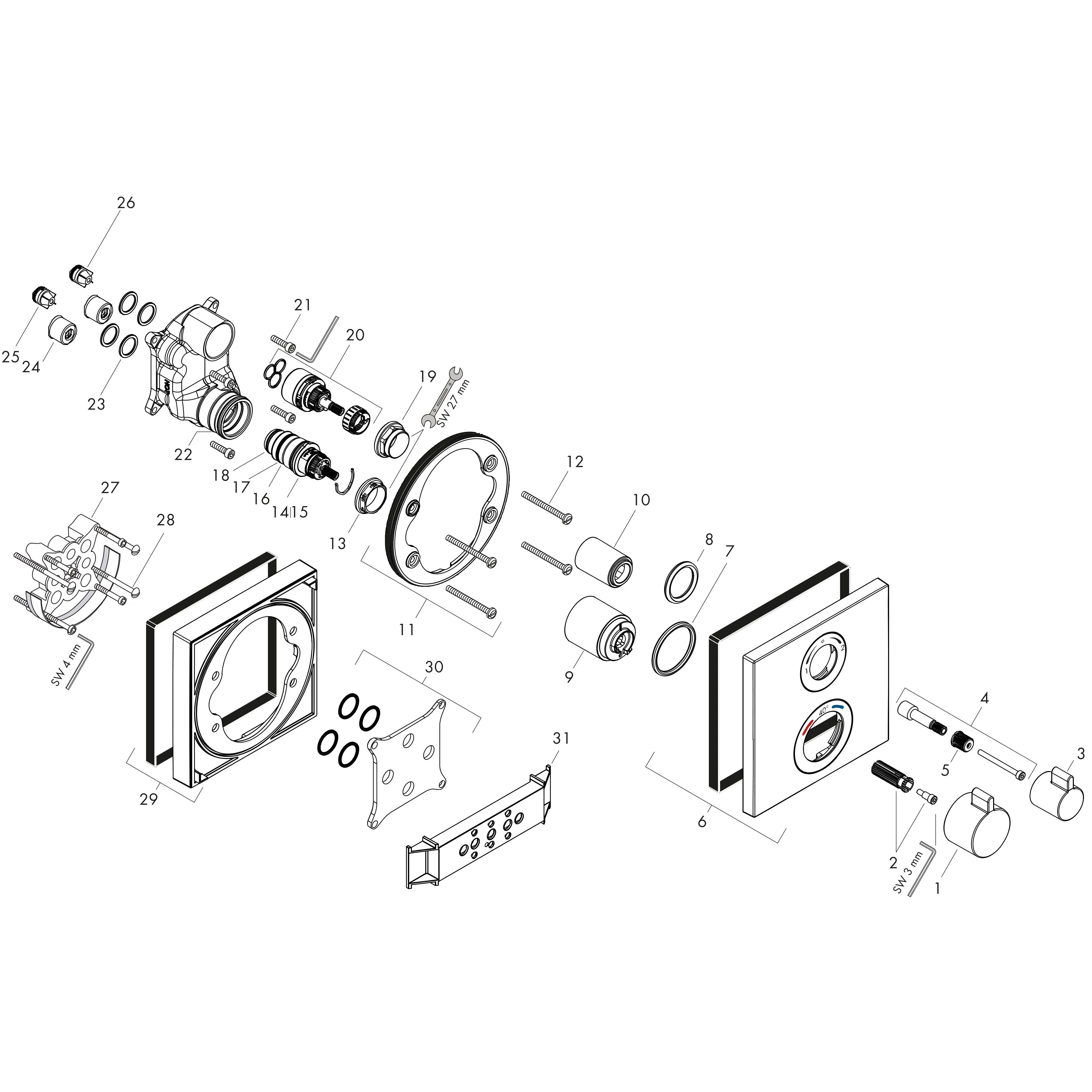 Explodierte technische Zeichnung einer Pumpen- oder Ventilbaugruppe, die nummerierte Teile, Dichtungen, Befestigungselemente, Gehäuse und interne Komponenten für Montagereferenzen separiert darstellt.