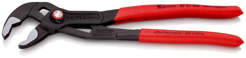 Rote Zangen mit eingravierter 'Made in Germany'-Aufschrift, mit Fokus auf dem ergonomischen Griff, die Haltbarkeit und handwerkliche Qualität andeuten.