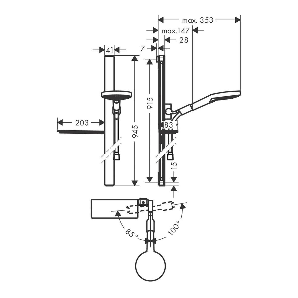 Technische Strichzeichnung einer wandmontierten Griffmontage mit verstellbarem Arm, zeigt Abmessungen und Drehwinkel für die Installation: max. 353, max. 147, 945, 915, 203, 85°, 100°.