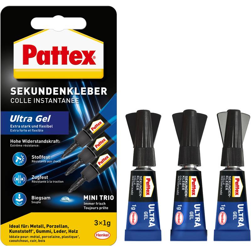 Pattex Sekundenkleber Ultra Gel MINI TRIO, 3 Tuben à 1 g