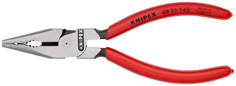 Rot gehandhabte Knipex-Zangen mit langen, spitzen Backen zum Greifen und Biegen von Draht.