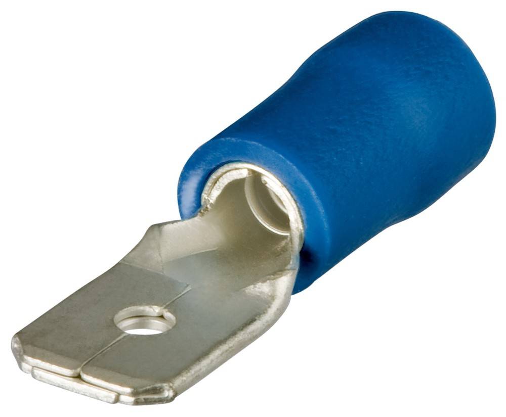Ein blauer isolierter weiblicher Flachstecker, der für elektrische Verbindungen verwendet wird und einen Metalltab mit einem Loch zur sicheren Befestigung aufweist.