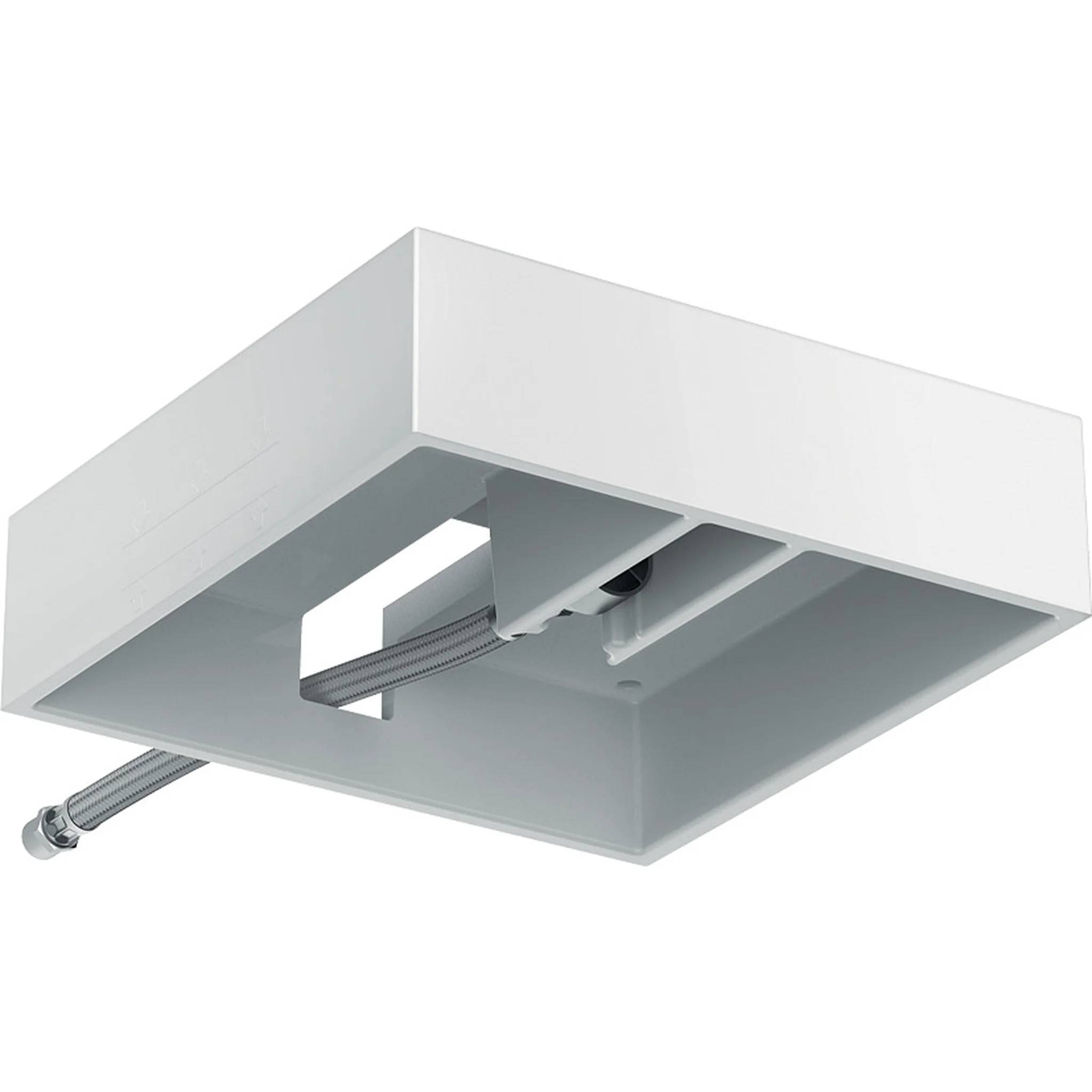 Weiße quadratische Deckenleuchte mit sichtbarer Montagehardware und Kabel, von unten auf weißem Hintergrund gezeigt.