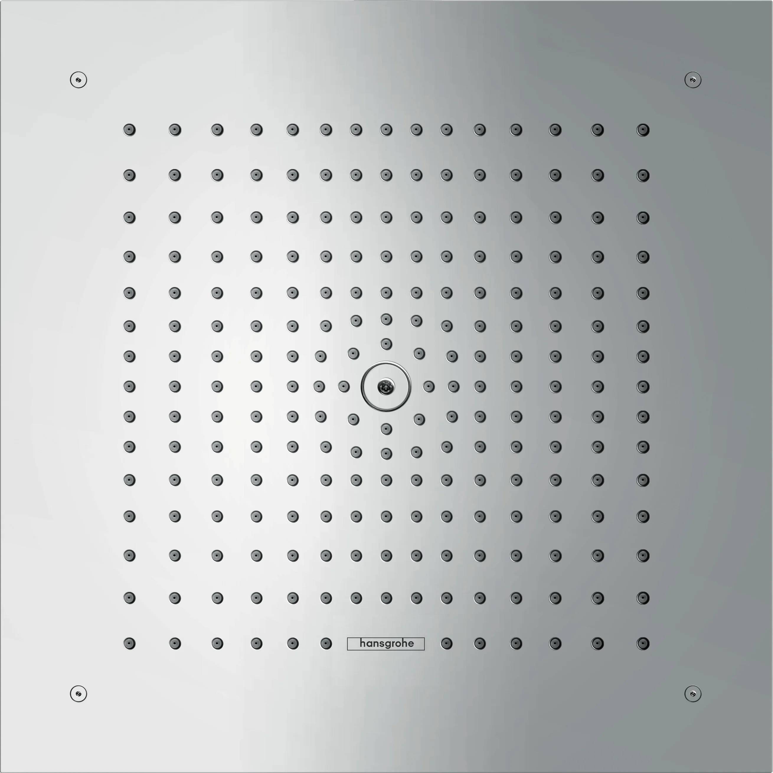 Quadratischer verchromter Regenduschkopf mit vielen Düsen und zentraler Sprühregelung, Marke 'hansgrohe'.