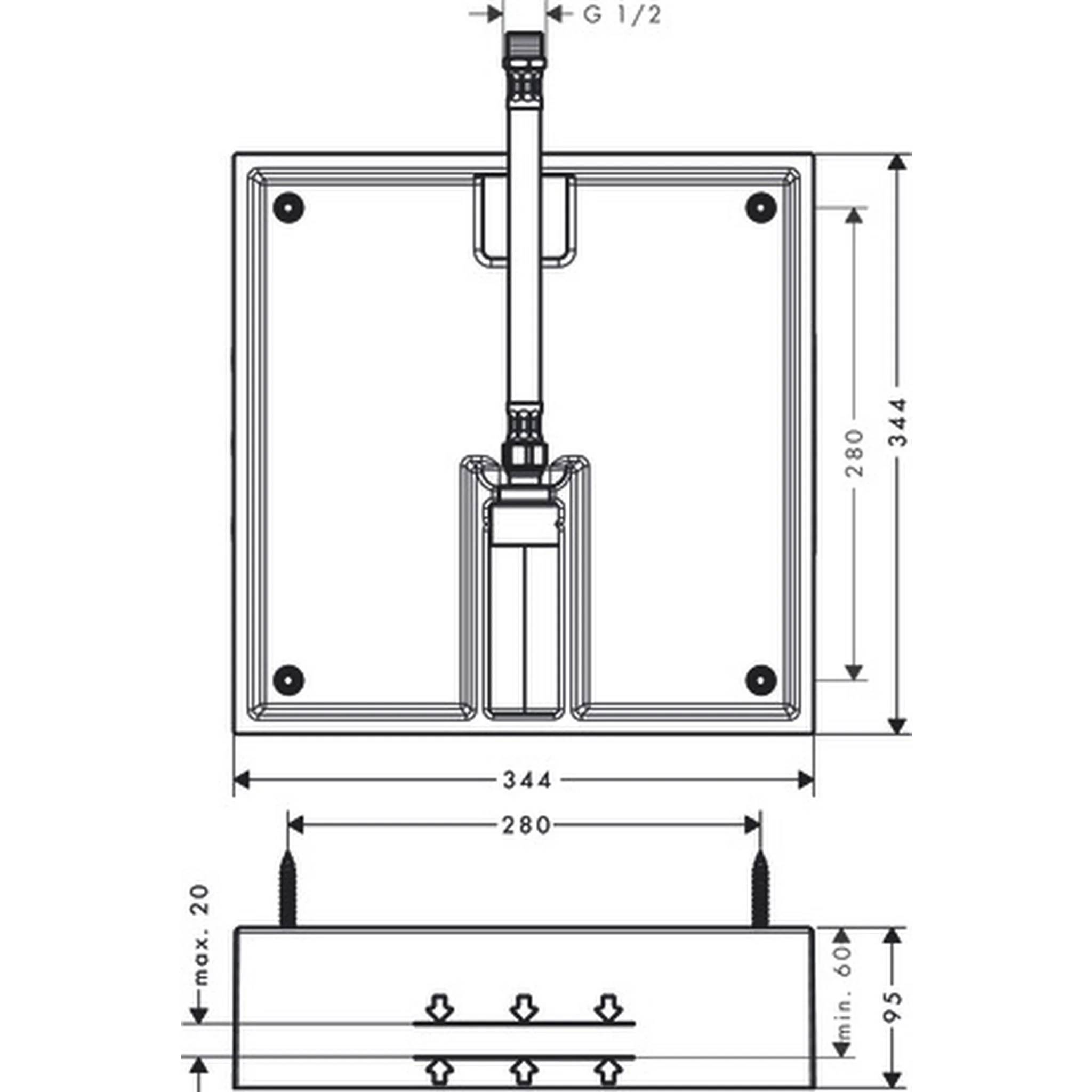 Technisches Diagramm einer quadratischen Duscharmatur, mit Vorder- und Seitenansicht, Montagelöchern, zentraler Rohrverbindung und beschrifteten Abmessungen 344, 280, 95, 60 und G 1/2.