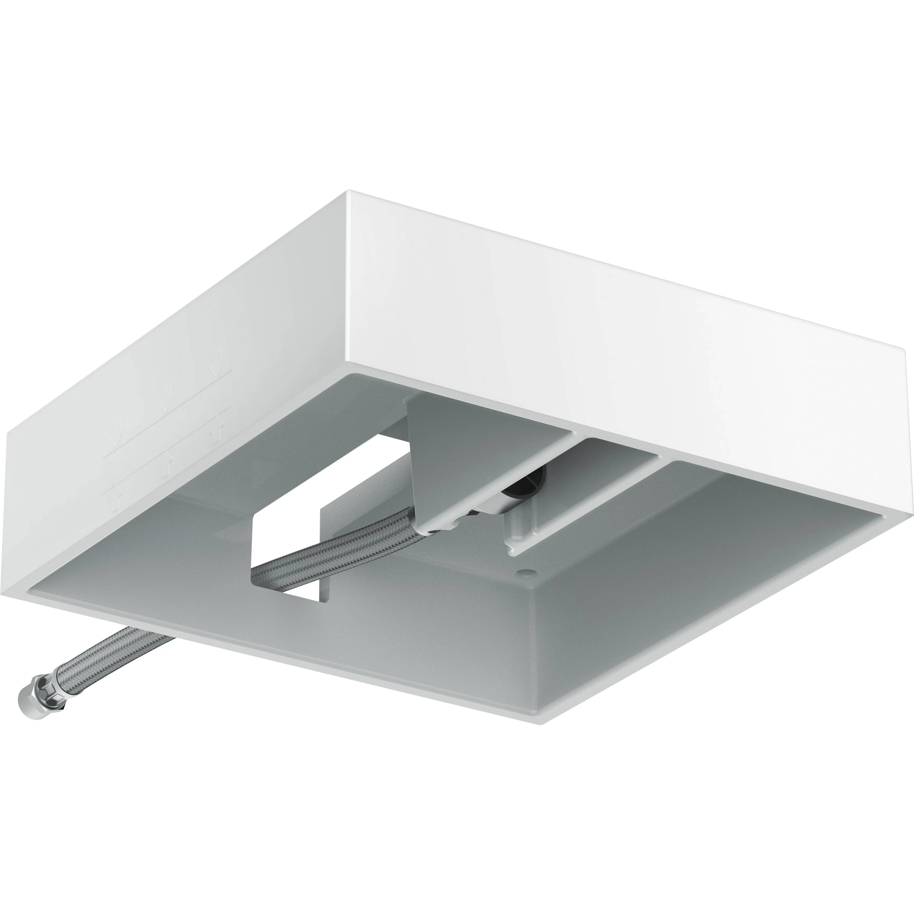 Weiße Metalldeckenhalterung mit vorstehender Gewindestange und interner Kabel- oder Drahtführung, dargestellt vor einfachem Hintergrund.