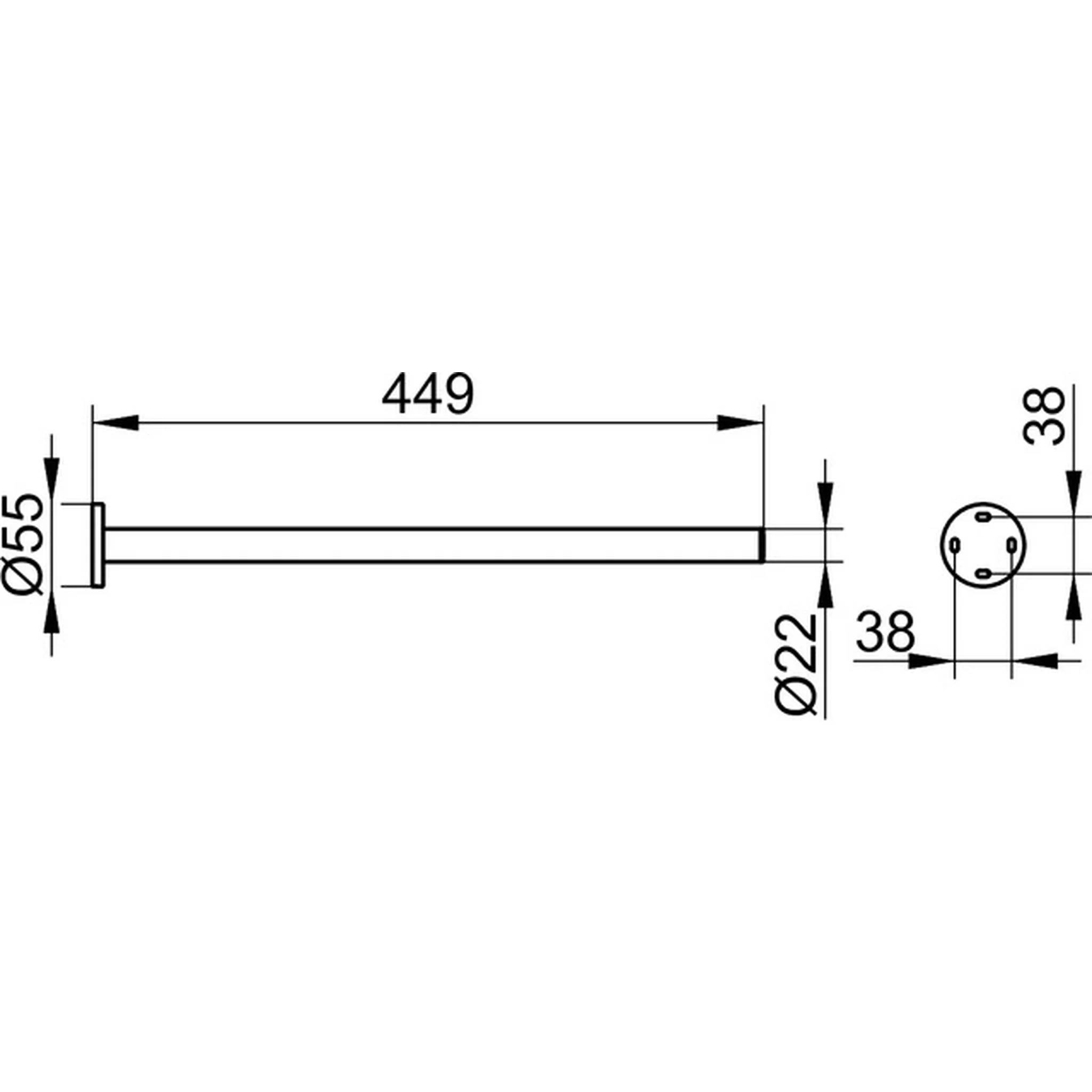 Technische Zeichnung eines zylindrischen Stabes mit Flansch, gekennzeichnet mit 449 Länge, Ø55 an einem Ende und Ø22 mit 38 mm Versätzen am anderen Ende.