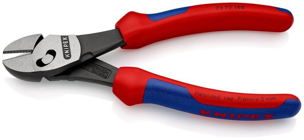 Rote und blaue Zangen mit scharfen schwarzen Backen, die ergonomische Griffe und einen Markennamen am Griff zeigen.