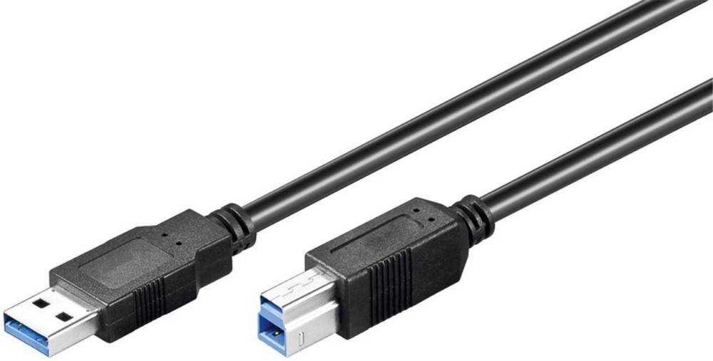 Nahaufnahme eines USB Typ-B-Kabels mit einem schwarzen Stecker und blauem Innenleben, das häufig zum Anschluss von Druckern und anderen Peripheriegeräten verwendet wird.