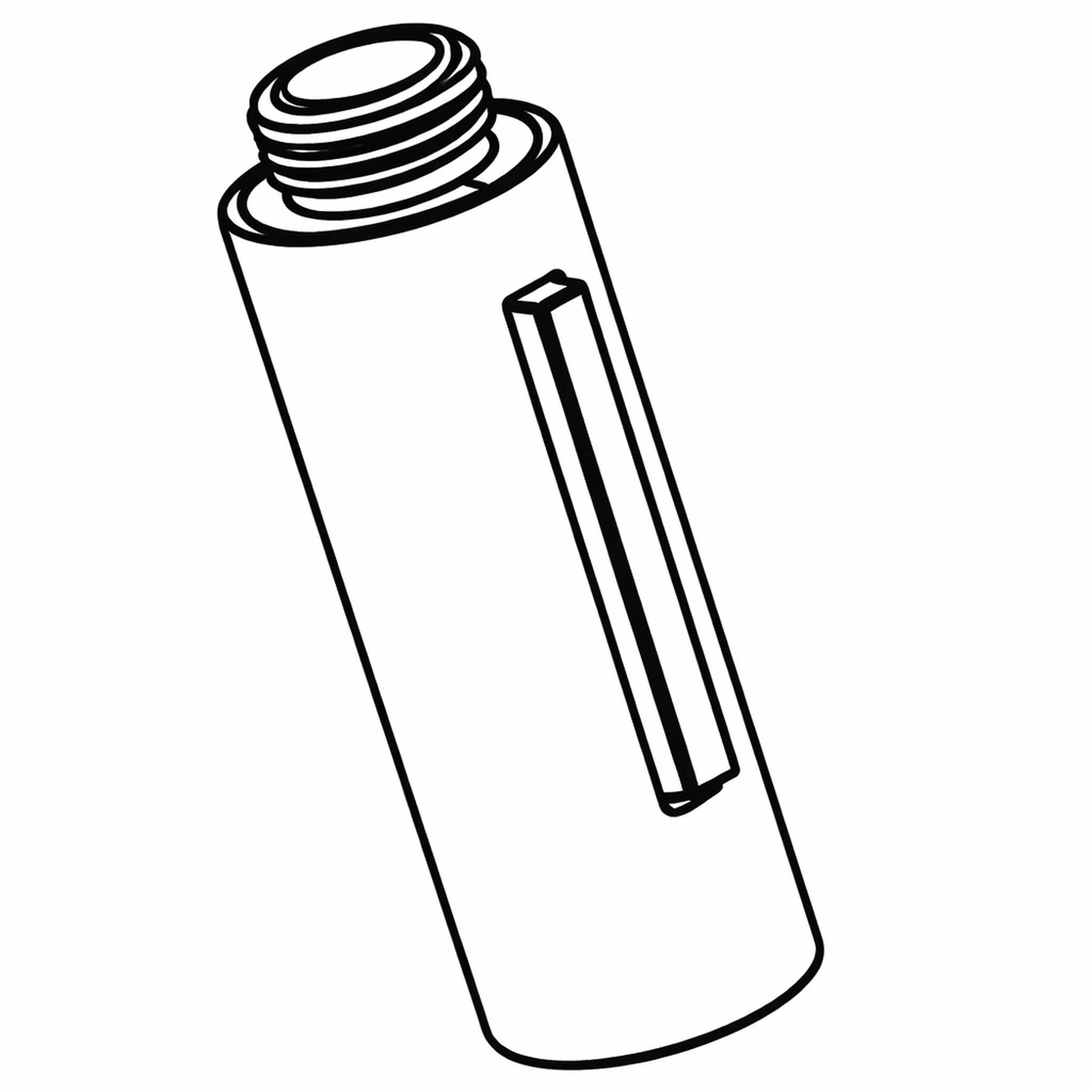 Strichzeichnung einer geneigten zylindrischen Flasche mit gewindeförmigem offenem Hals und seitlicher Klammer, ähnlich einem Stifthalter oder Behälter.