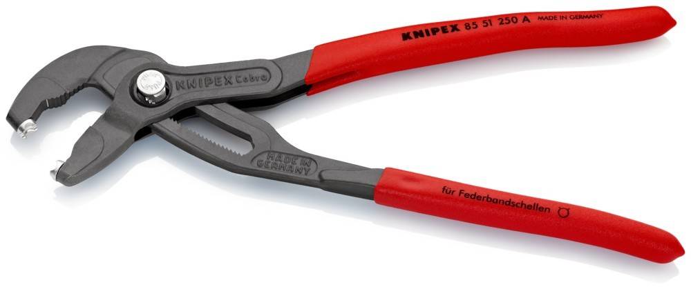 Rot-gehämmerte Knipex-Zange mit verstellbarem Griff, auf dem Griff mit ‚Knipex 85 51' beschriftet, hergestellt in Deutschland. Entwickelt für präzise Arbeiten.